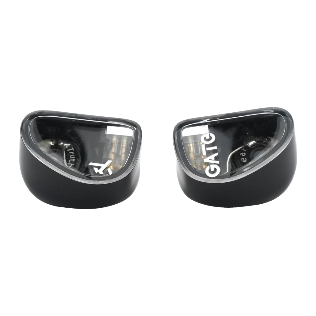 Truthear Gate Auriculares Negro, vista frontal: ambos earbuds con carcasa transparente y drivers visibles, logo GATE