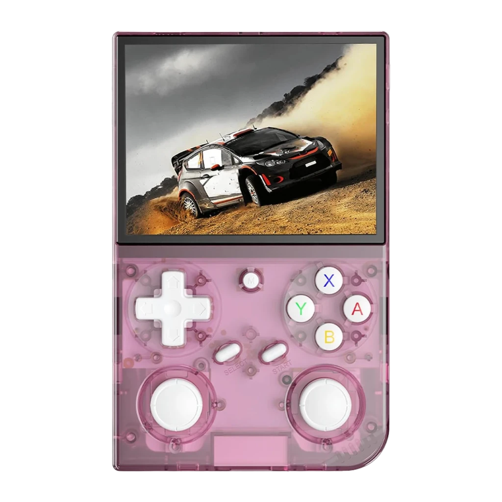 Consola portátil Anbernic RG 35 32GB Rosa Linux 64-bit, frontal: carcasa rosa translúcida, pantalla con juego de rally