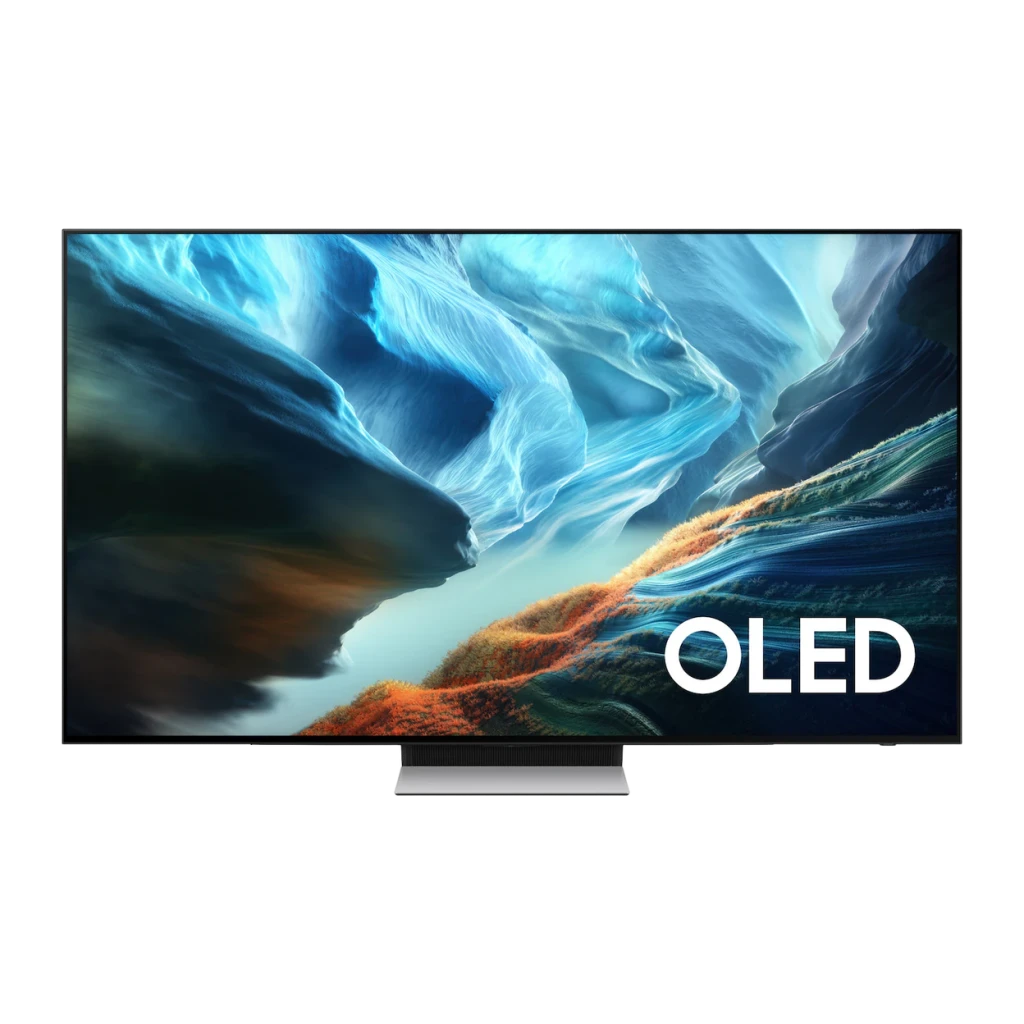 Samsung Televisor OLED S90H 55 pulgadas Negro, frontal: pantalla encendida con paisaje vibrante, marco fino y pie central