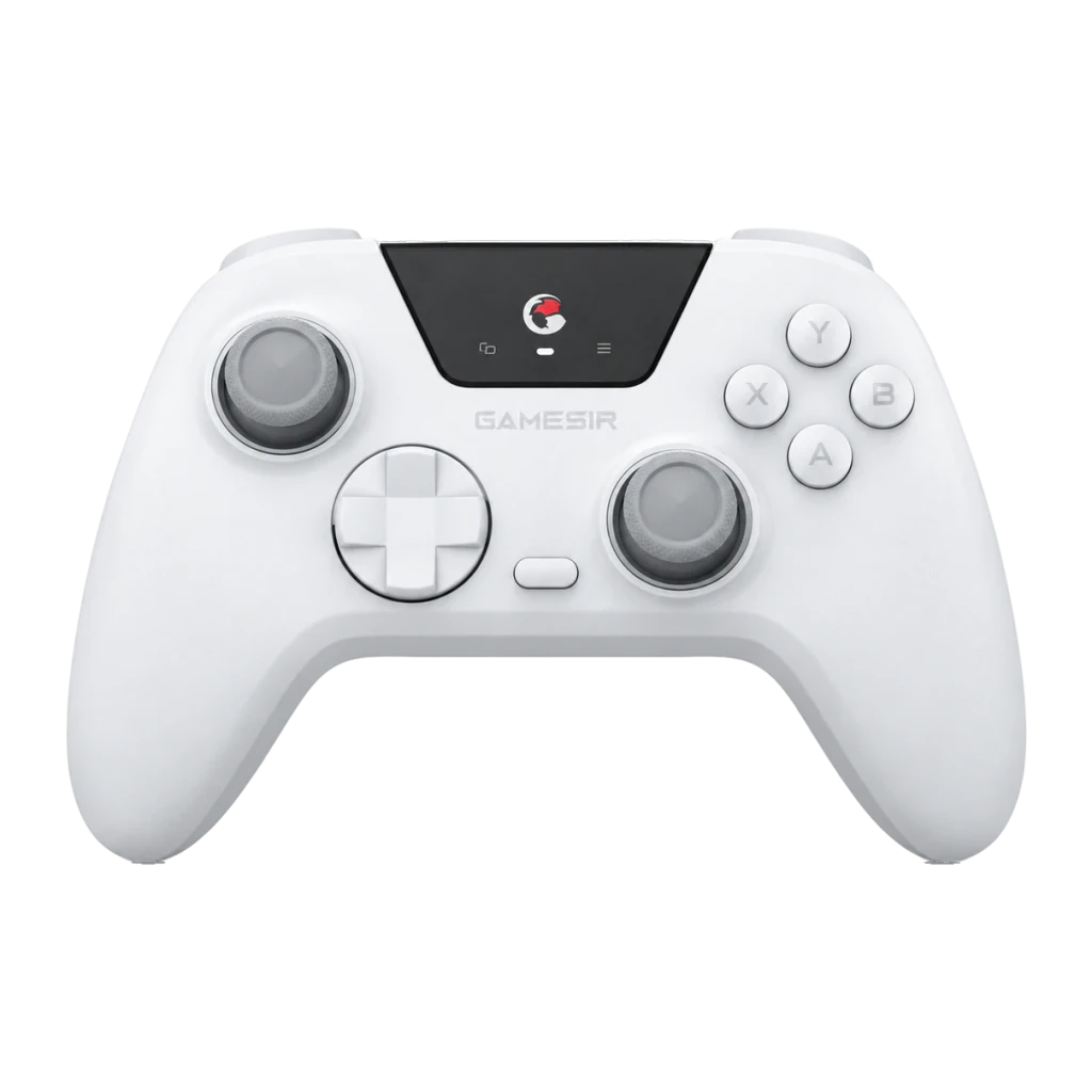 GameSir Super Nova 2 Blanco, vista frontal: mando blanco con panel central negro, joysticks grises y botones ABXY