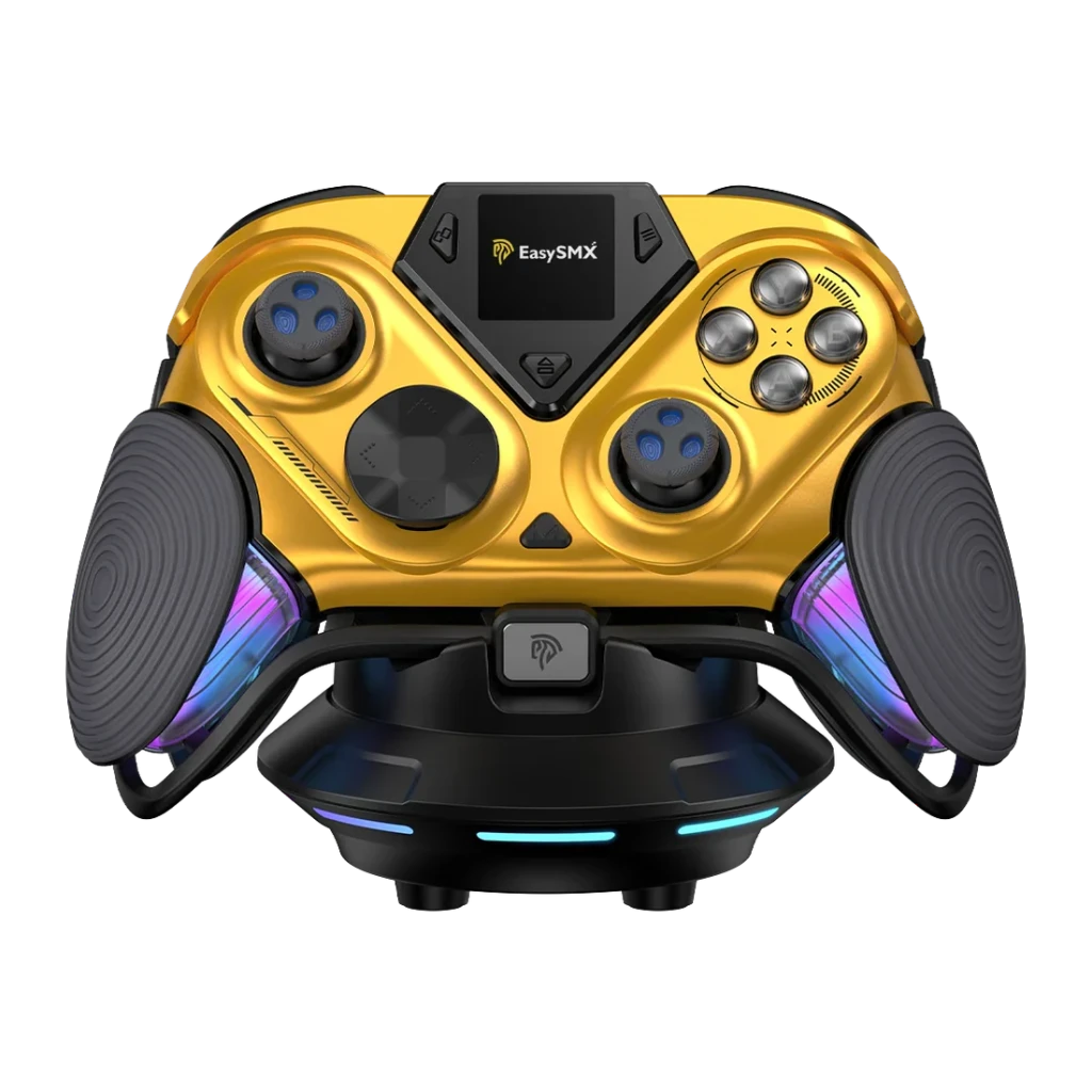 Mando de videojuegos EasySMX Dune 8K Dorado Inalámbrico 2.4 GHz, vista frontal: carcasa dorada, joysticks, pantalla OLED