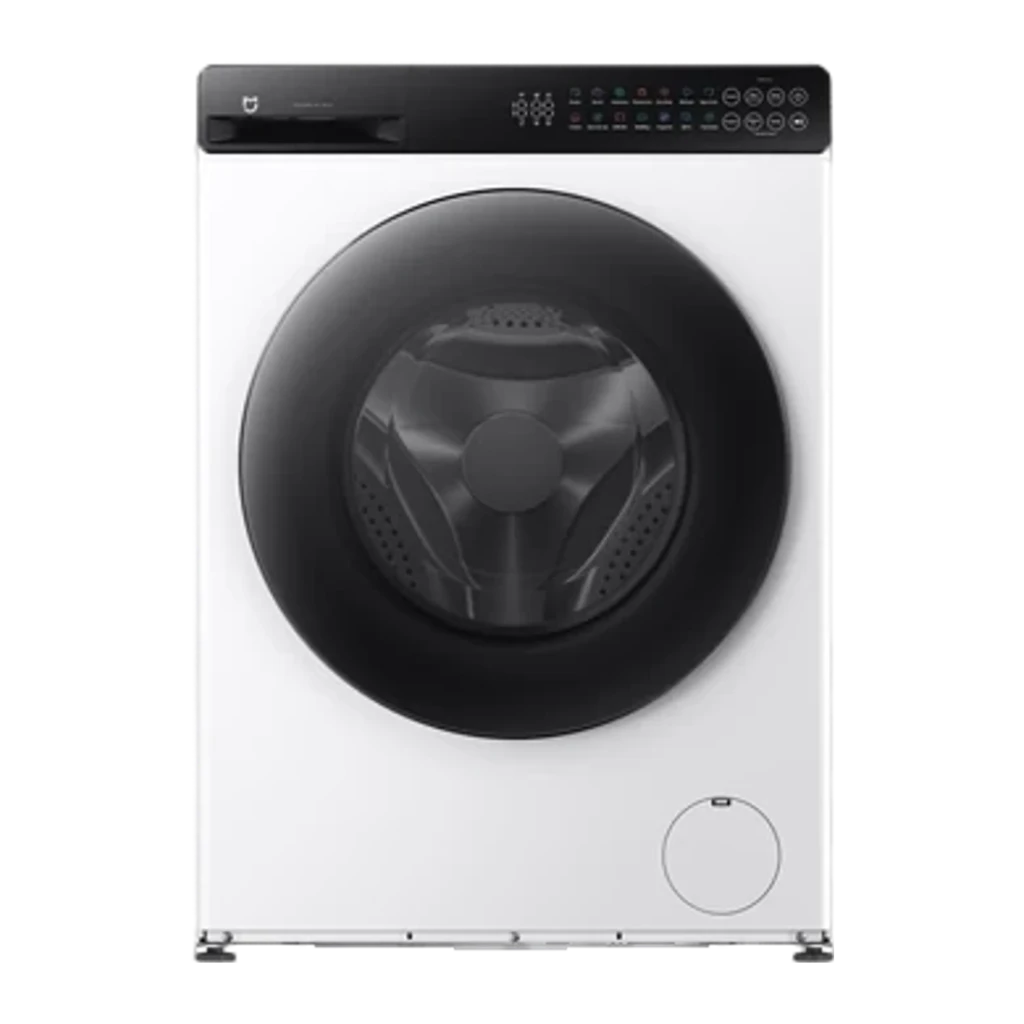 Lavadora-secadora Xiaomi Blanco QMP4656EU, vista frontal: puerta negra circular, panel de control superior y tambor interior