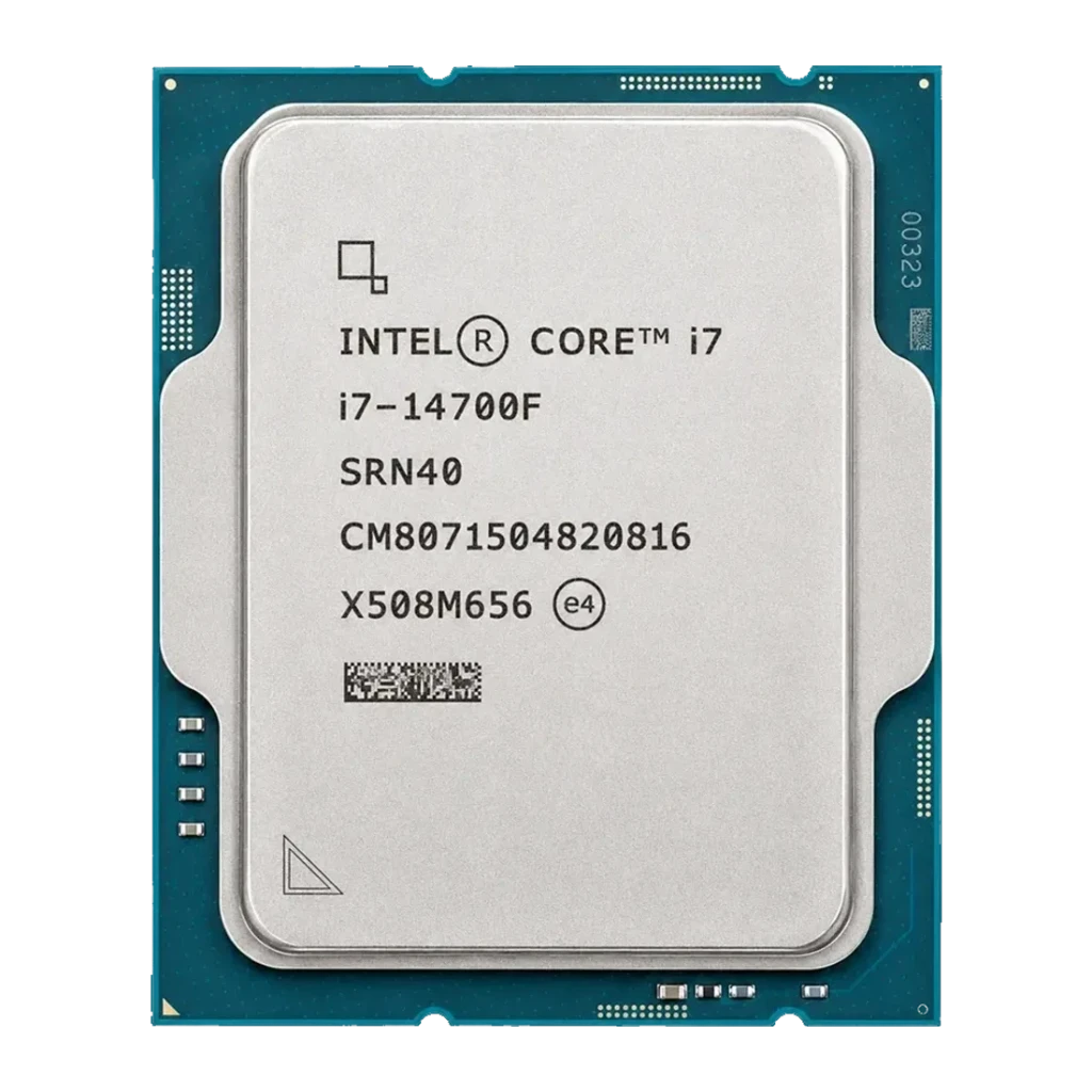 Intel Core i7-14700F Tray 20 Núcleos LGA1700, vista frontal: IHS plateado con serigrafía del modelo y código de barras