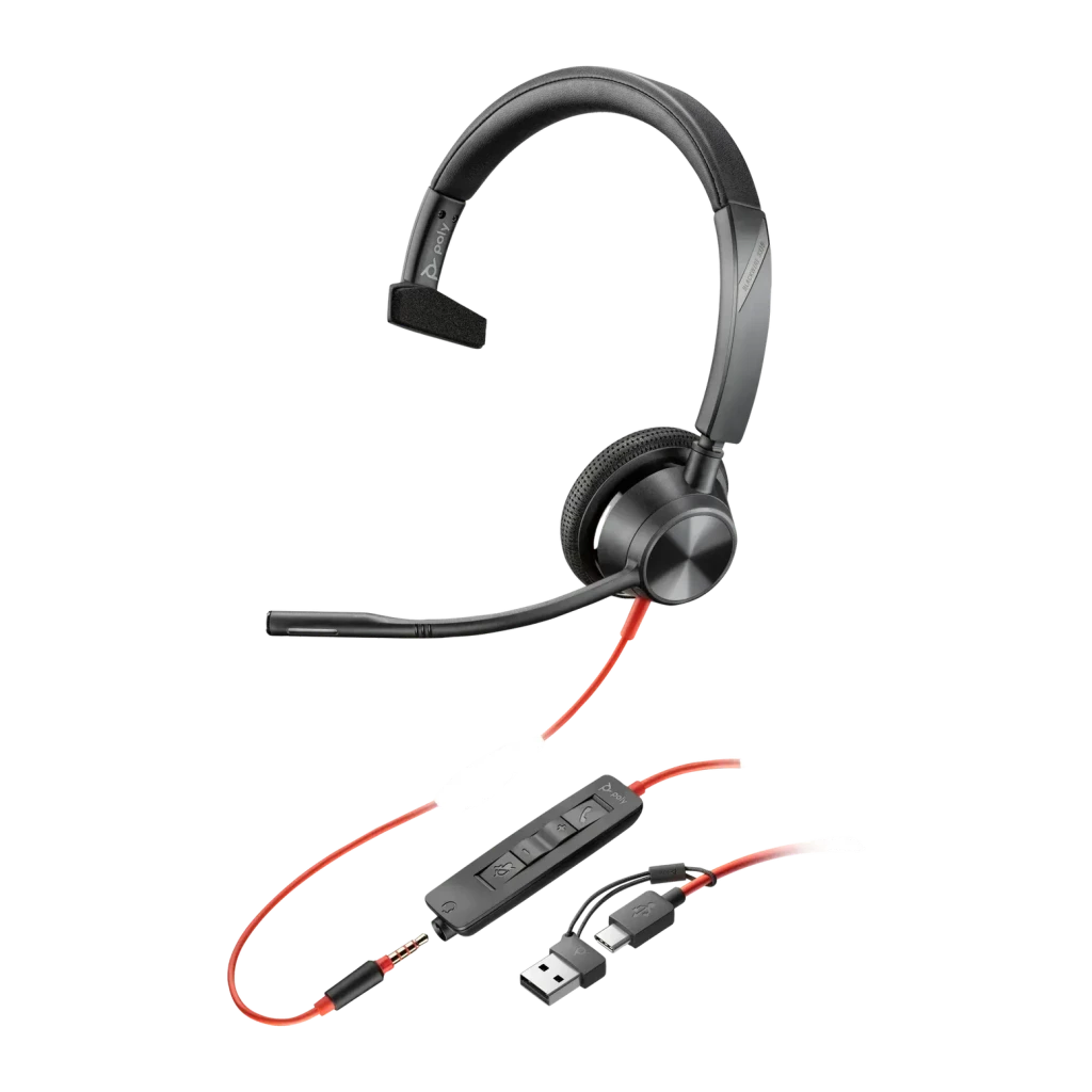Auriculares Poly Blackwire 3315 Monaural USB-C + Jack 3,5 mm Diadema Negro, vista frontal: diadema monoaural con micrófono