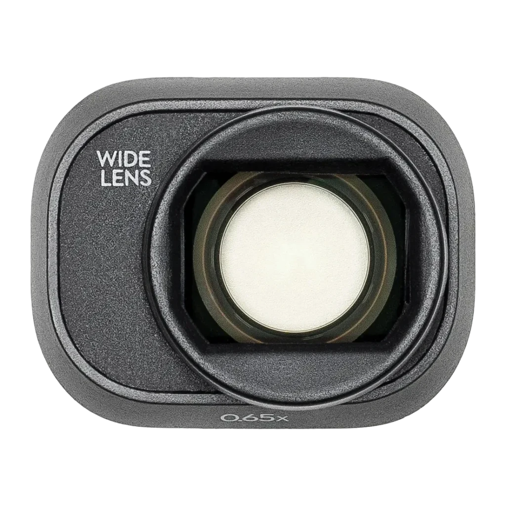 Lente DJI Objetivo Gran Angular Mini 4 Pro Negro, vista frontal: cristal óptico central, texto WIDE LENS y factor 0.65x