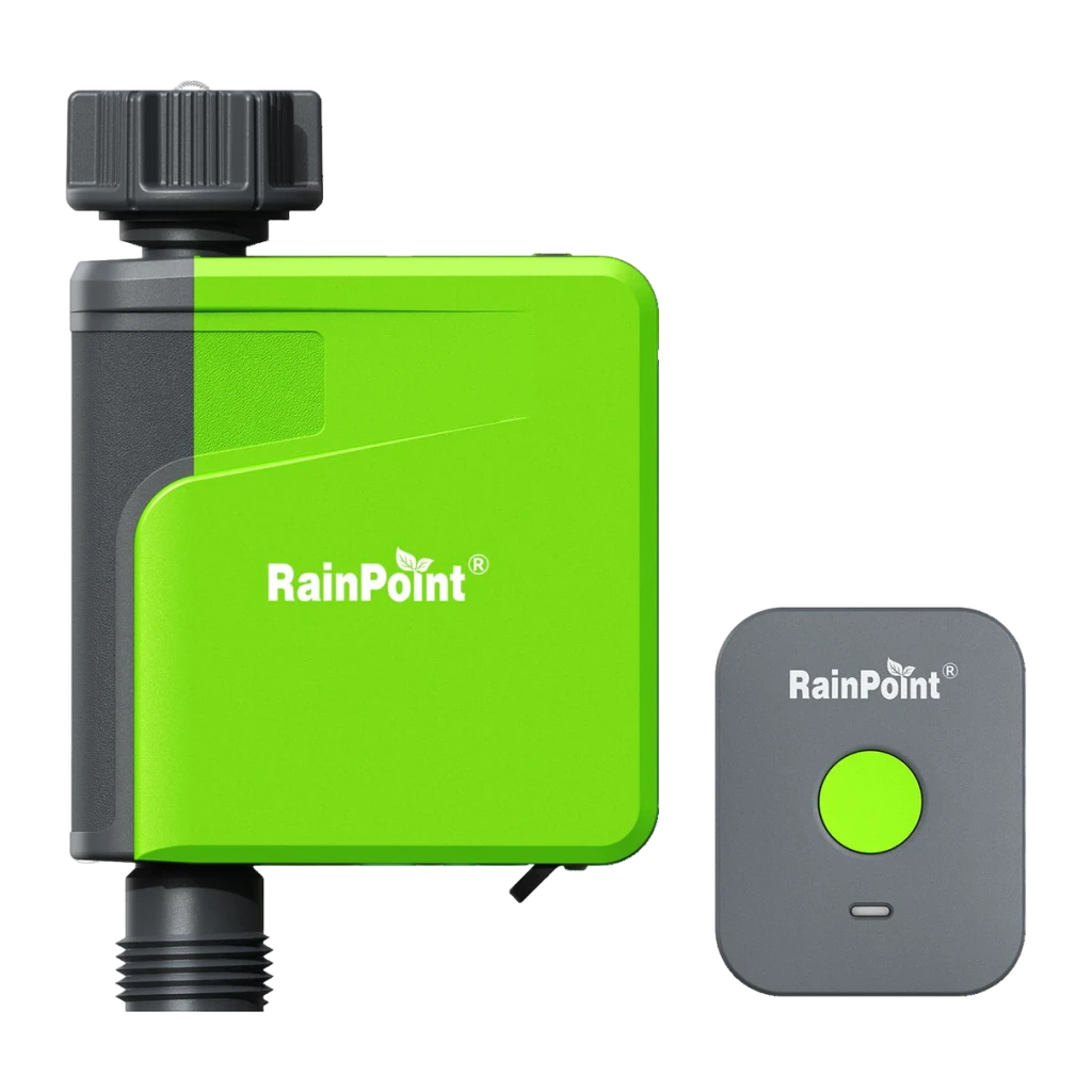 Programador de riego RainPoint Bluetooth 5.0 4 pilas AA HTV107B, vista frontal: temporizador verde con conector y mando gris