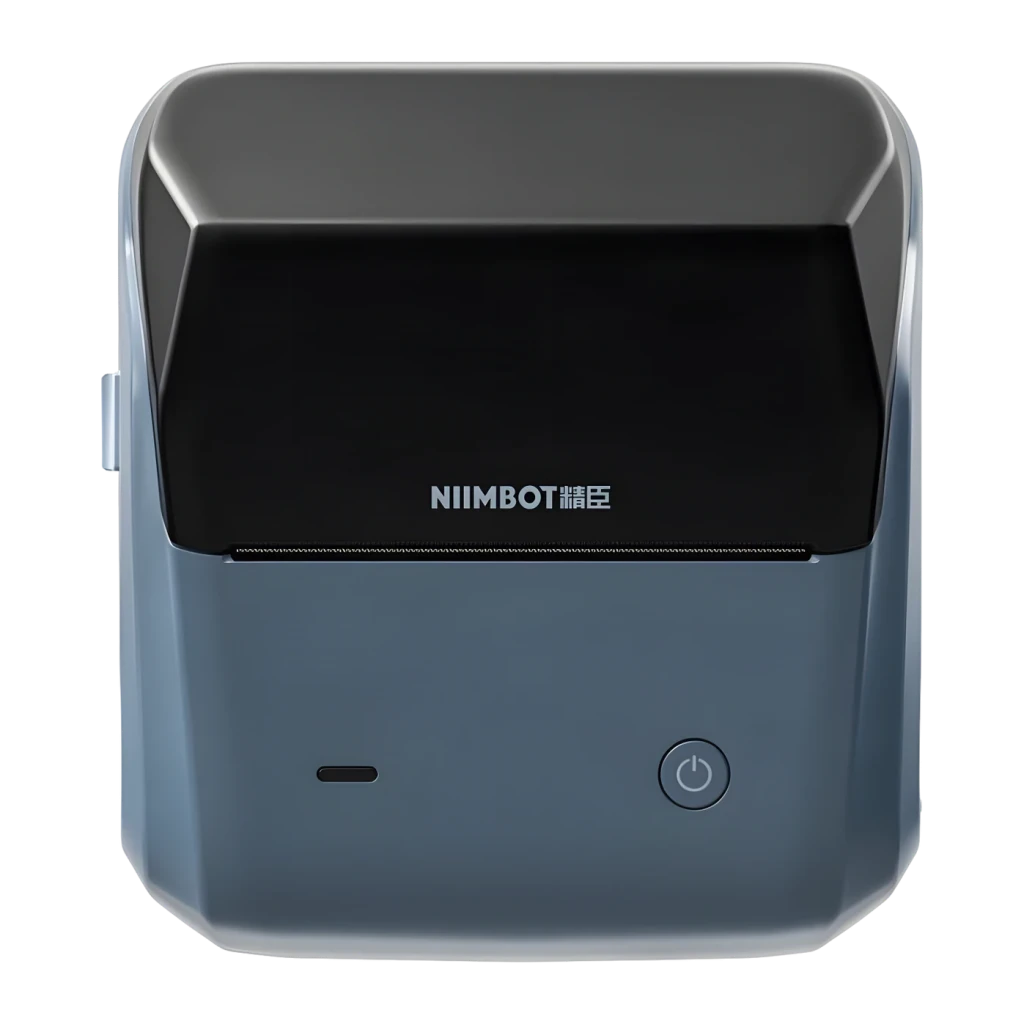 Impresora de etiquetas Niimbot B31 Térmica 203 dpi Azul Oscuro, vista frontal: tapa negra con logo, ranura de salida y botón