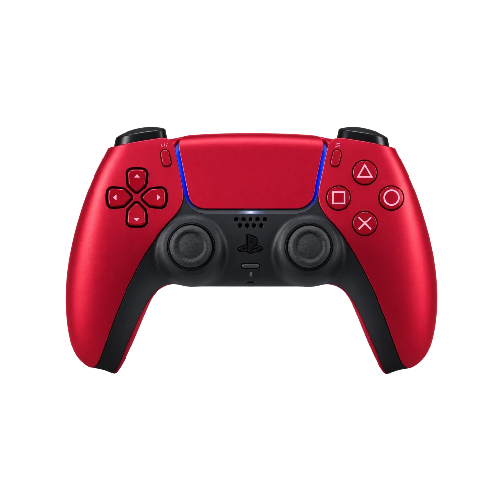 Mando Sony DualSense PS5 rojo, reacondicionado en estado excelente, diseño bicolor rojo y negro, barra LED azul, botones icónicos y joysticks simétricos