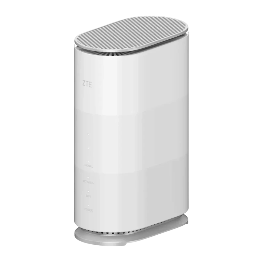 Router ZTE G5 Air Blanco WiFi 7 BE3600 Doble Banda, vista frontal en ángulo: cuerpo cilíndrico con rejilla superior