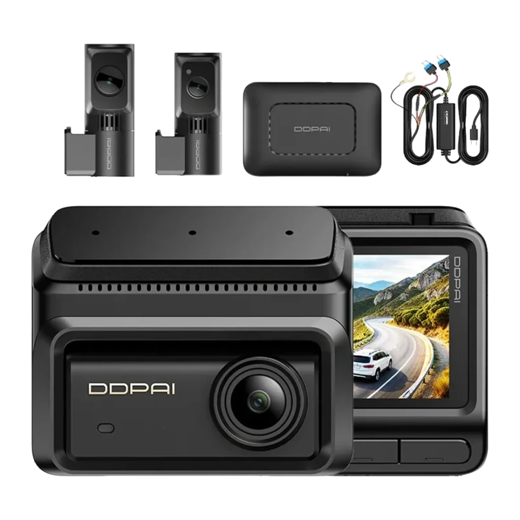 Dashcam DDPAI Z90T 4G 3CH 4K 30fps GPS, vista conjunto: unidad principal con pantalla, 2 cámaras interiores, módulo GPS