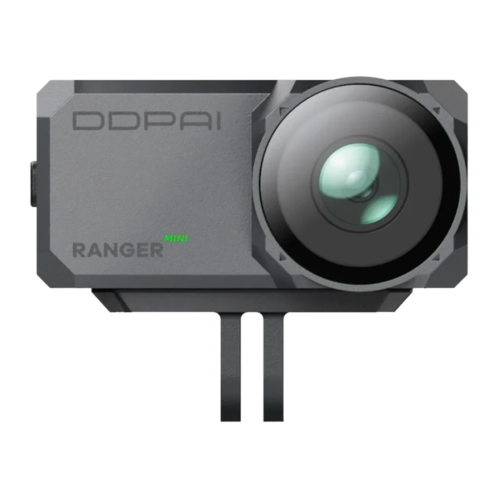 Dashcam DDPAI Ranger M1 Negro 1 Canal 3K WiFi, vista frontal: lente gran angular prominente y logotipo DDPAI en cuerpo gris