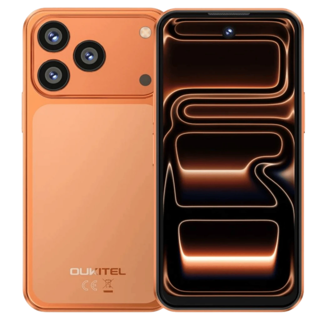 Oukitel C17 Mini 4GB/64GB Naranja con triple cámara trasera grande, flash, pantalla completa con orificio central y acabado metálico mate en color naranja