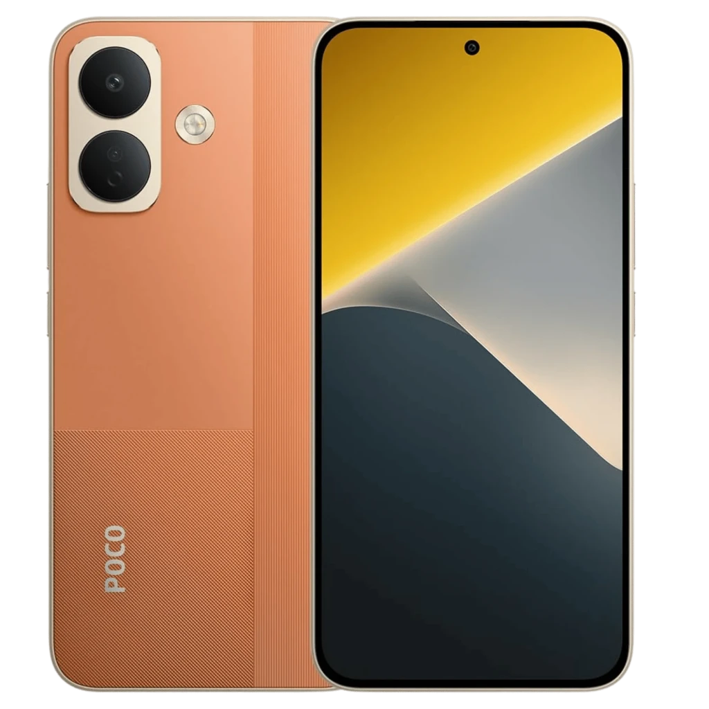 Xiaomi Poco X8 5G naranja con pantalla AMOLED 6,59 pulgadas 120Hz, biseles finos y perforación central, doble cámara trasera con módulo vertical y OIS