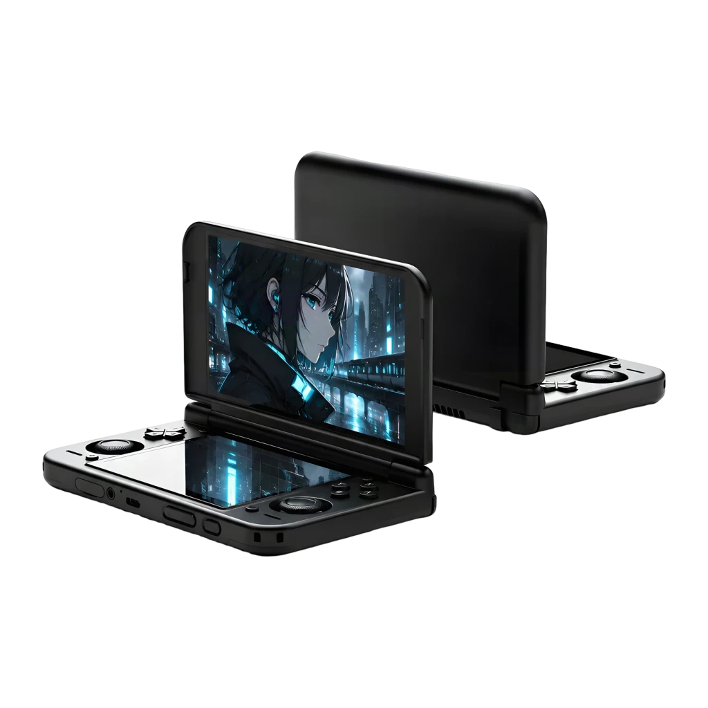 Consola portátil Retroid Pocket Duo Lite 4GB/64GB Negro, vista frontal y trasera: diseño clamshell abierto con pantalla