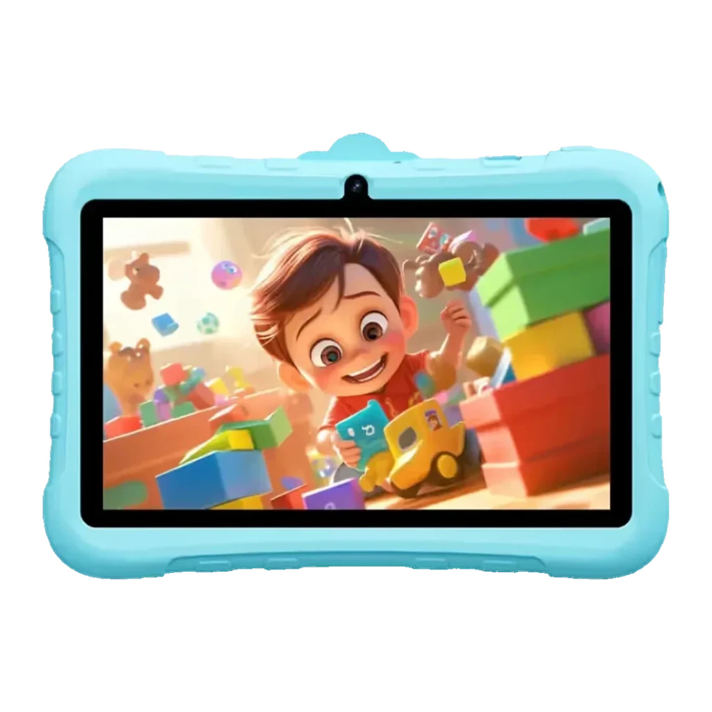 Blackview Link Lite Kids 2GB/32GB azul, vista frontal: pantalla con animación infantil y funda protectora azul con esquinas