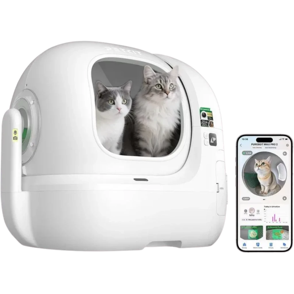Arenero autolimpiable PETKIT Purobot Max Pro 2 76 L, diseño esférico blanco con ventana amplia, cámara IA xSecure, panel lateral y app móvil de monitoreo