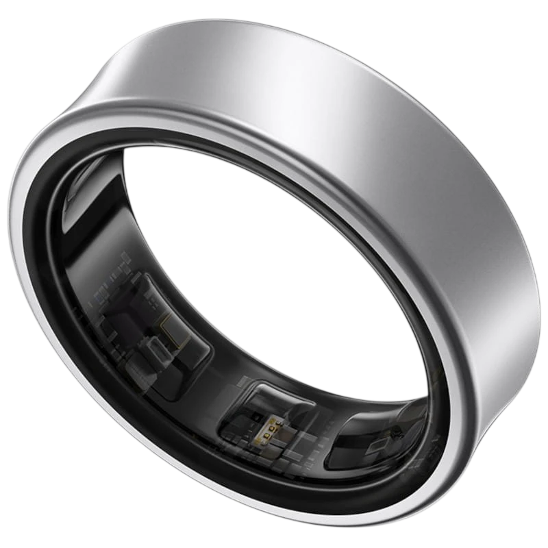Samsung Galaxy Ring Tamaño 5 Plata Titanio Anillo Inteligente con acabado mate, borde sutil elevado y interior negro con sensores integrados y contactos