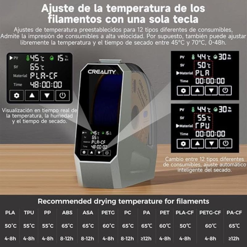 Secador de Filamentos Creality Space Pi - Para filamento de 1,75mm y 2,85mm - Temperatura ajustable de 45ºC a 70ºC - Caja con calefacción por aire PTC 360º - Ítem9