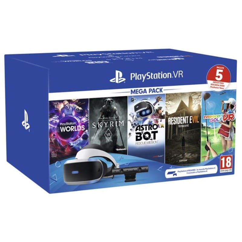 Gafas de realidad virtual - Sony PlayStation VR, Cámara V2 + PS4 VR Worlds  (Descarga), Para PS4