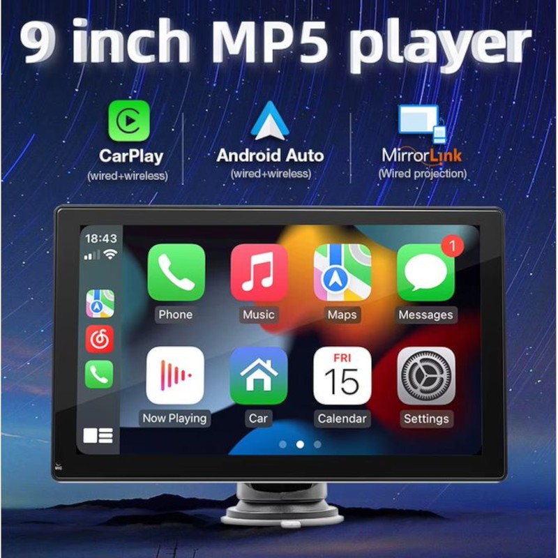 Ecrã tátil universal SWM B5308 9 polegadas Carplay/Android Auto Preto - Leitor multimédia para automóvel - Item1